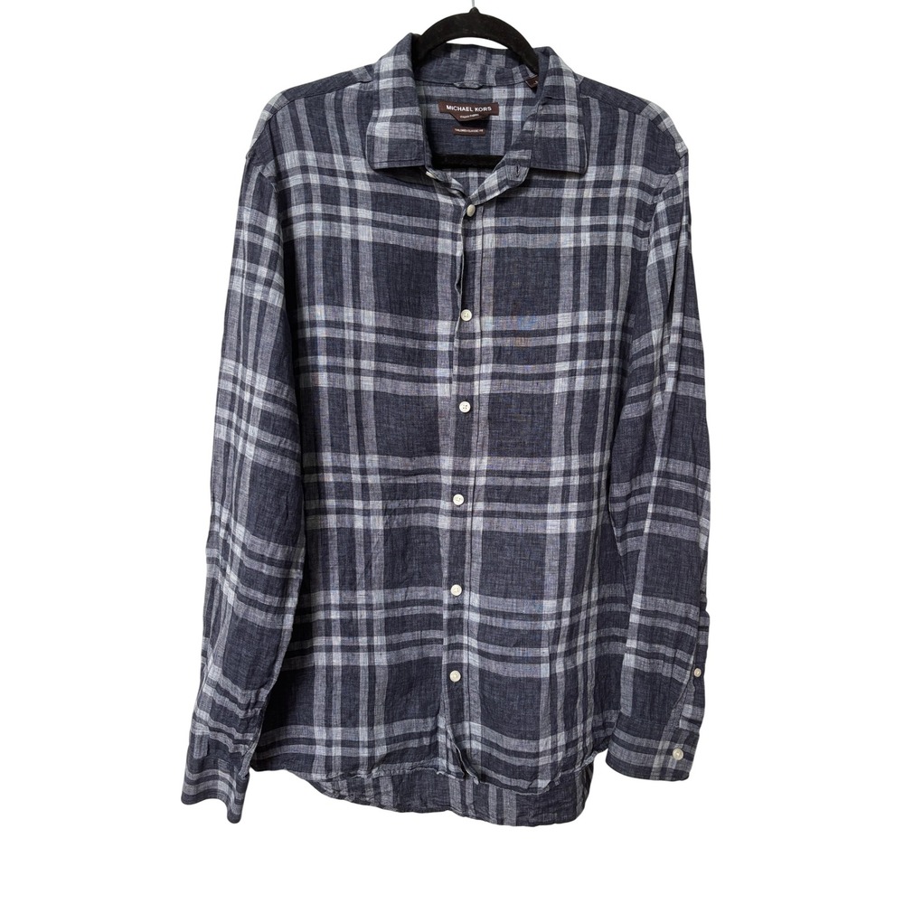 Michael Kors Mens Blue Plaid 100% Linen Shirt Italian Fabric Tailored Fit Large